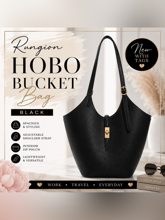 Rungion Handbags - Rungion Black PU Leather Hobo Bucket Bag Gold Hardware